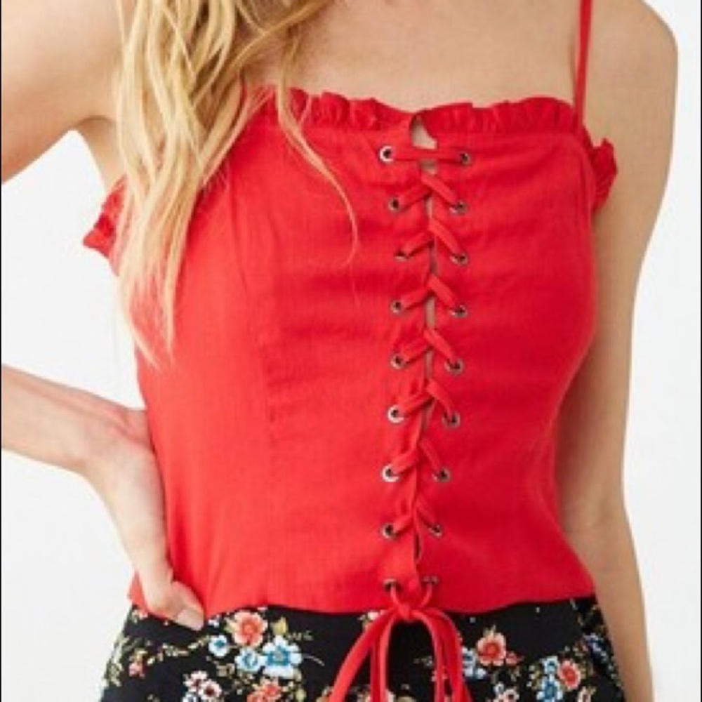 Forever 21 lace up red corset ruffle top